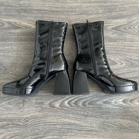 NEW Lulus Size 11 Edmen Black Patent Platform Mid Calf Boots Zip Up Block Heel - Picture 3 of 12